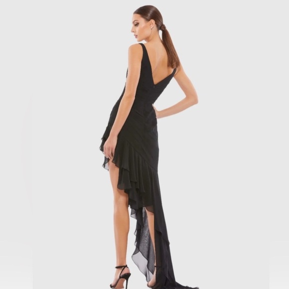 Mac Duggal Asymmetrical Ruffled V-Neck Chiffon Dress Size 6 Black - Picture 2 of 9